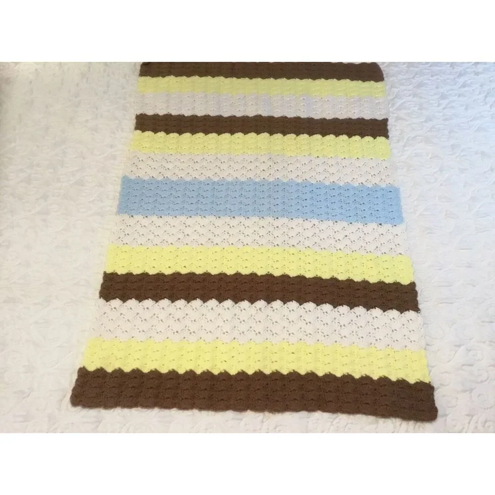 Crocheted Afghan handmade Throw Cover Brown yellow white‎ Size 40 Long 28 Wide